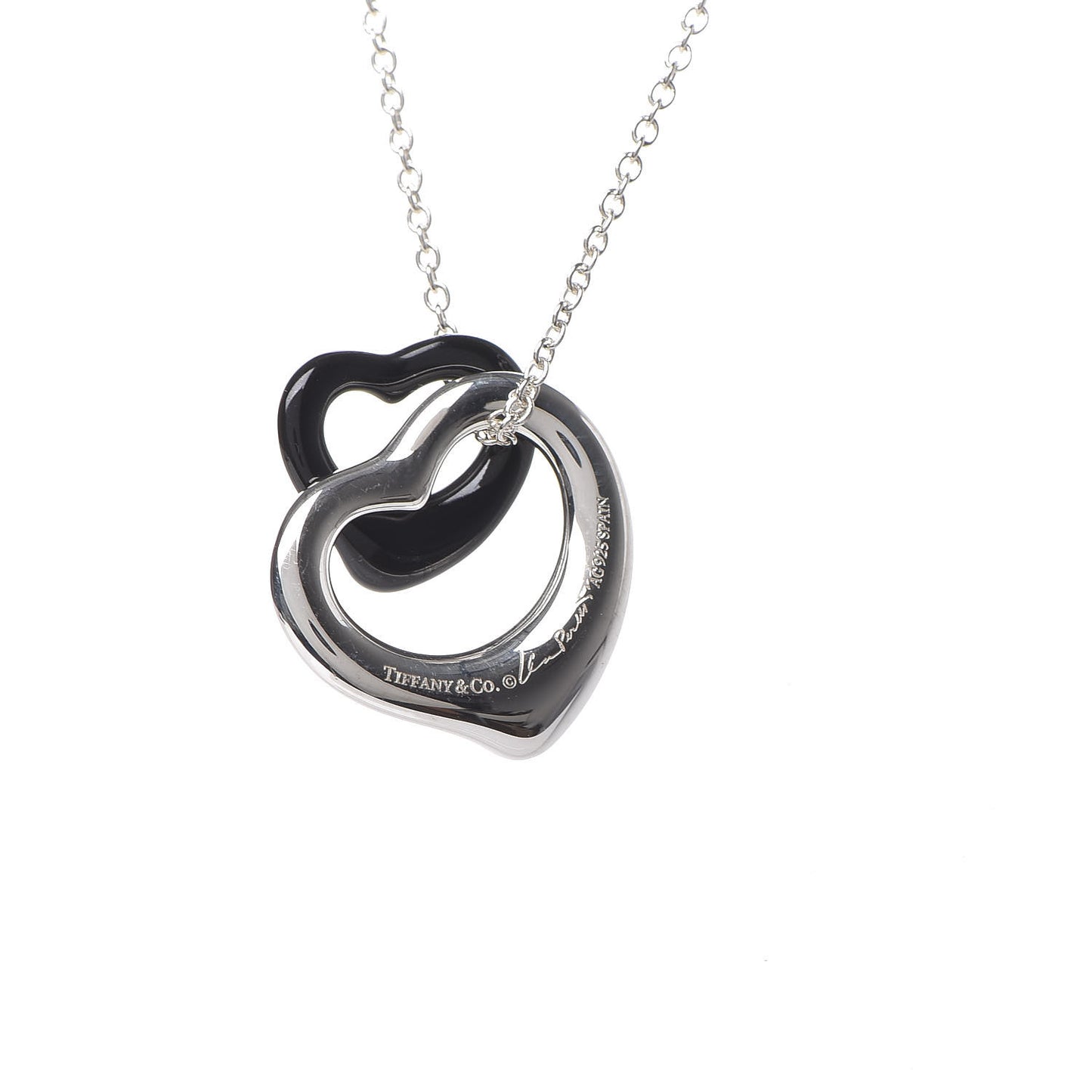 Sterling Silver Black Jade Elsa Peretti Open Heart Pendant Necklace