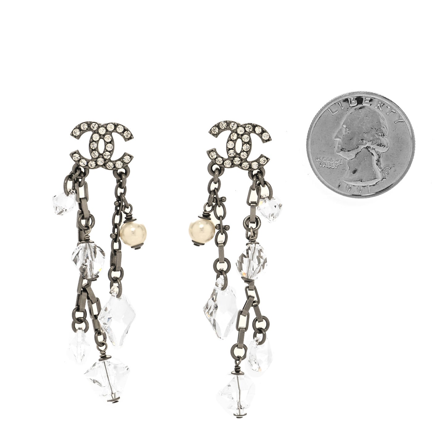 Glass Pearl Strass Crystal CC Chain Drop Earrings Silver