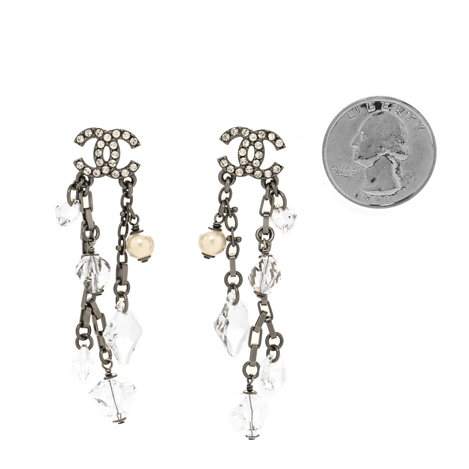 Chanel Glass Pearl Strass Crystal CC Chain Drop Earrings Silver 2 of 4