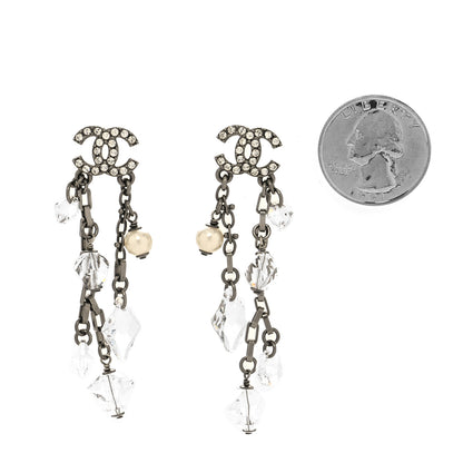 Chanel Glass Pearl Strass Crystal CC Chain Drop Earrings Silver 2 of 4