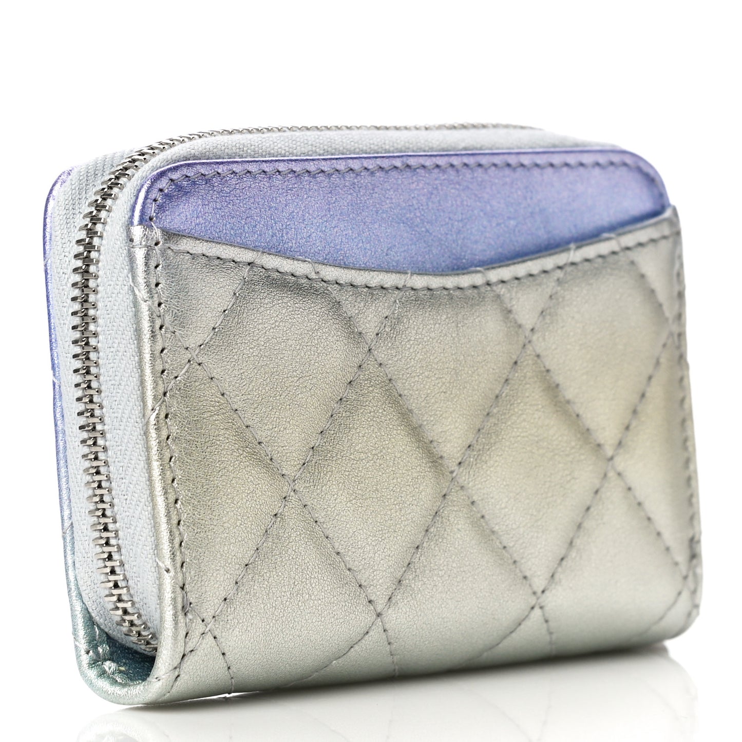Gradient Metallic Calfskin Quilted Zip Around Coin Purse Wallet Silver Blue Yellow Purple
