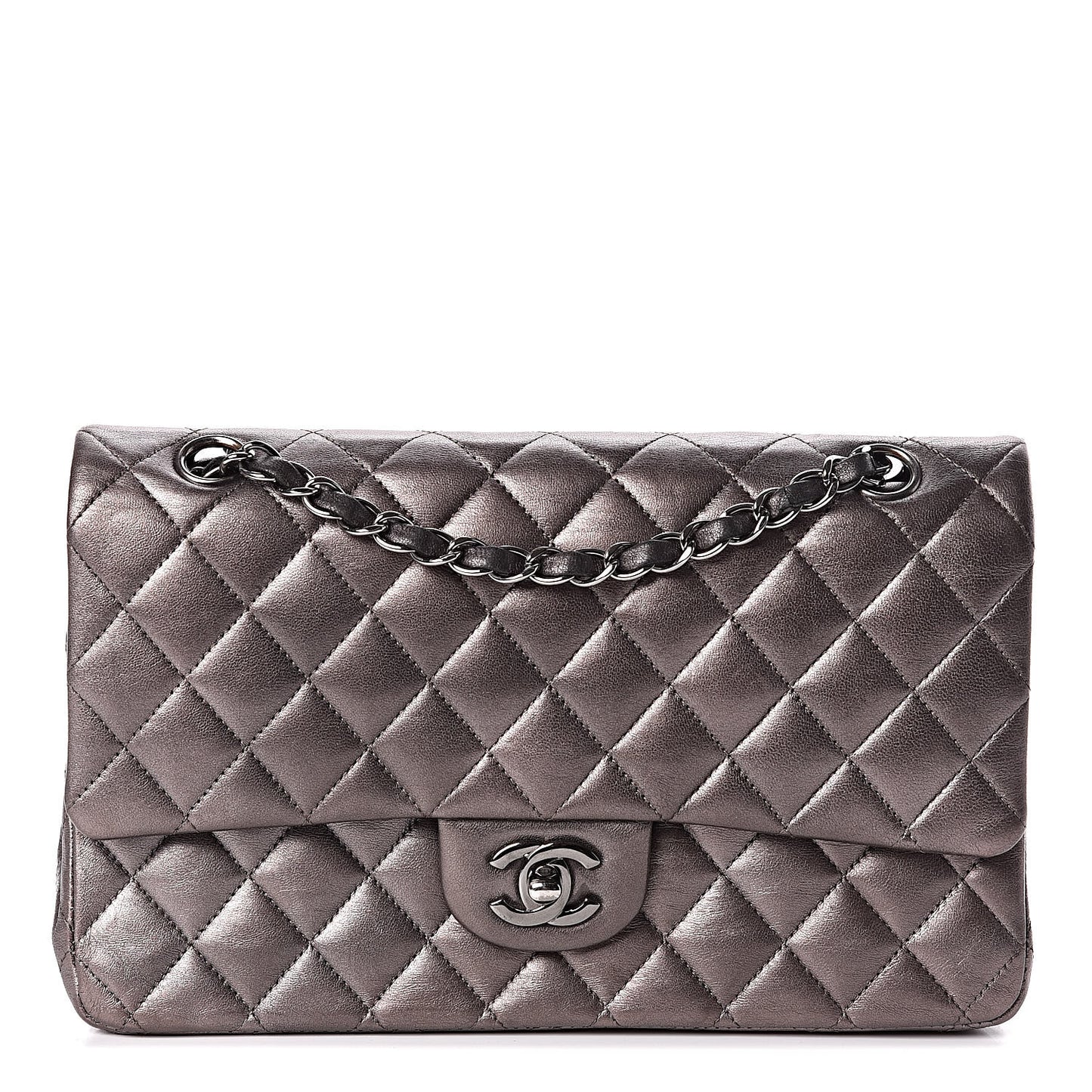 Metallic Lambskin Quilted Medium Double Flap Dark Grey
