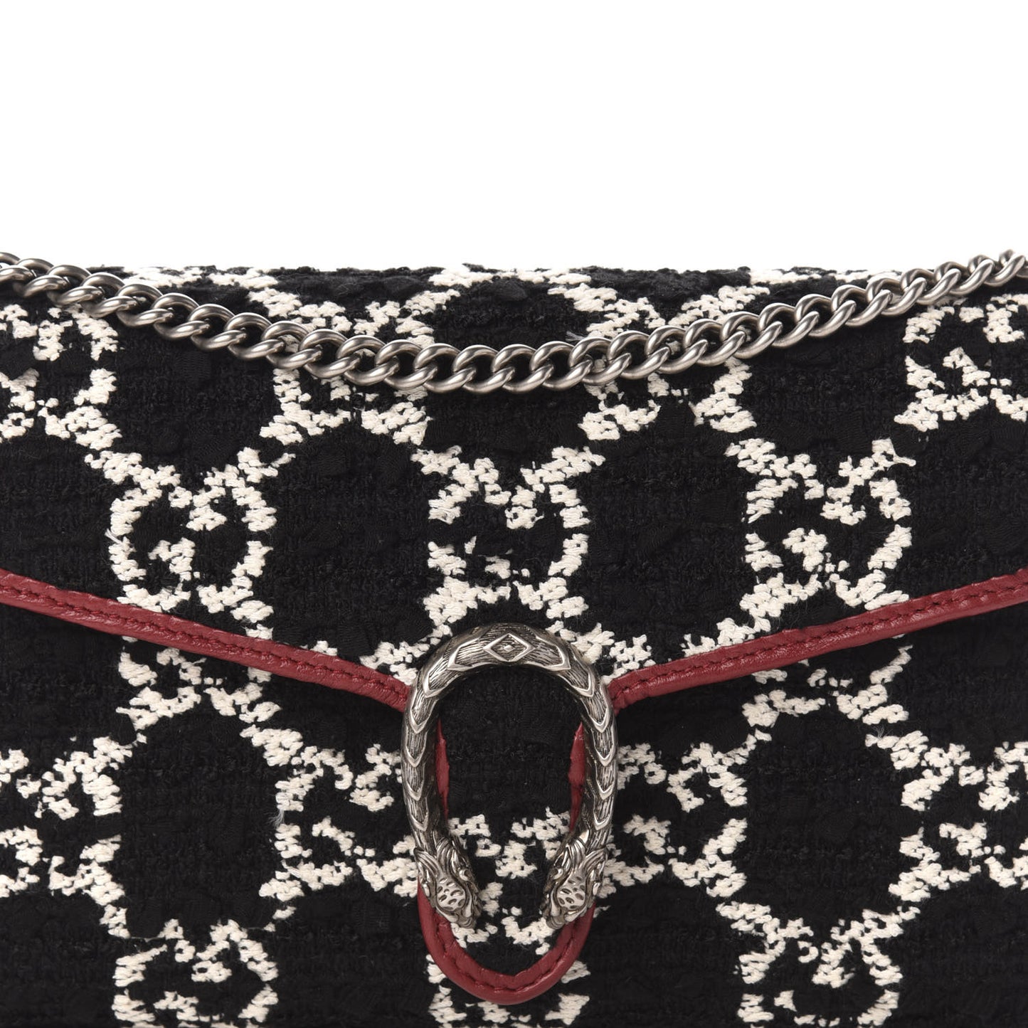 Tweed GG Monogram Mini Dionysus Chain Wallet Black White Romantic Cherry