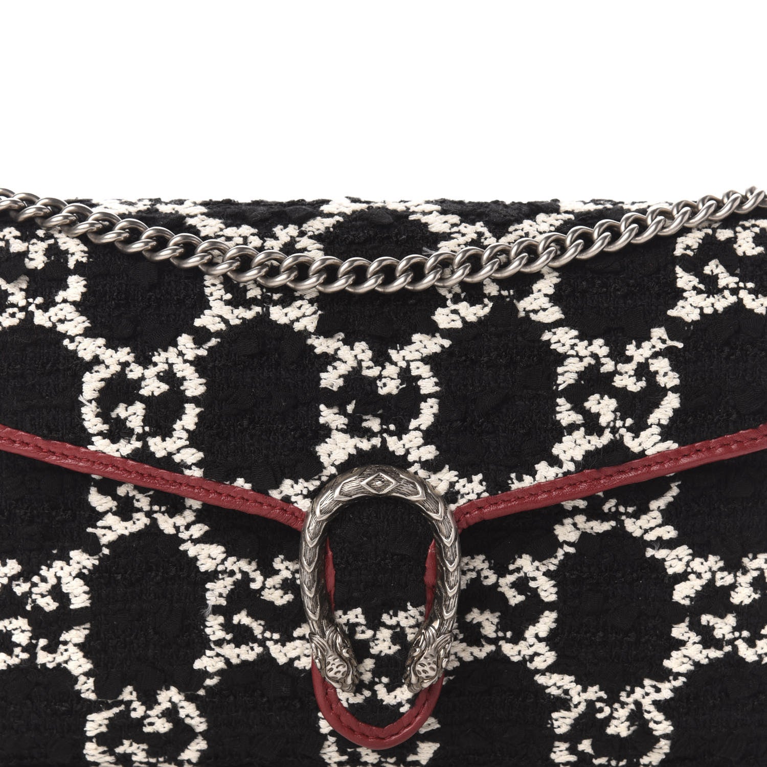 Gucci Tweed GG Monogram Mini Dionysus Chain Wallet Black White Romantic Cherry 10 of 11