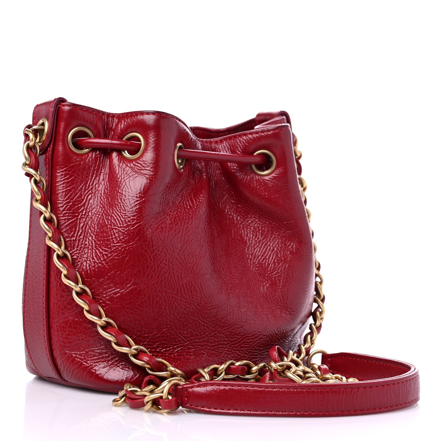 Shiny Aged Calfskin CC Chain Mini Drawstring Bag Red