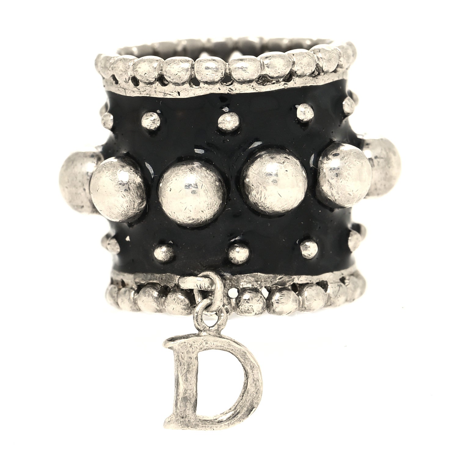 Christian Dior Metal Enamel Beaded Wide D Ring 52 6 Silver Black 1 of 4
