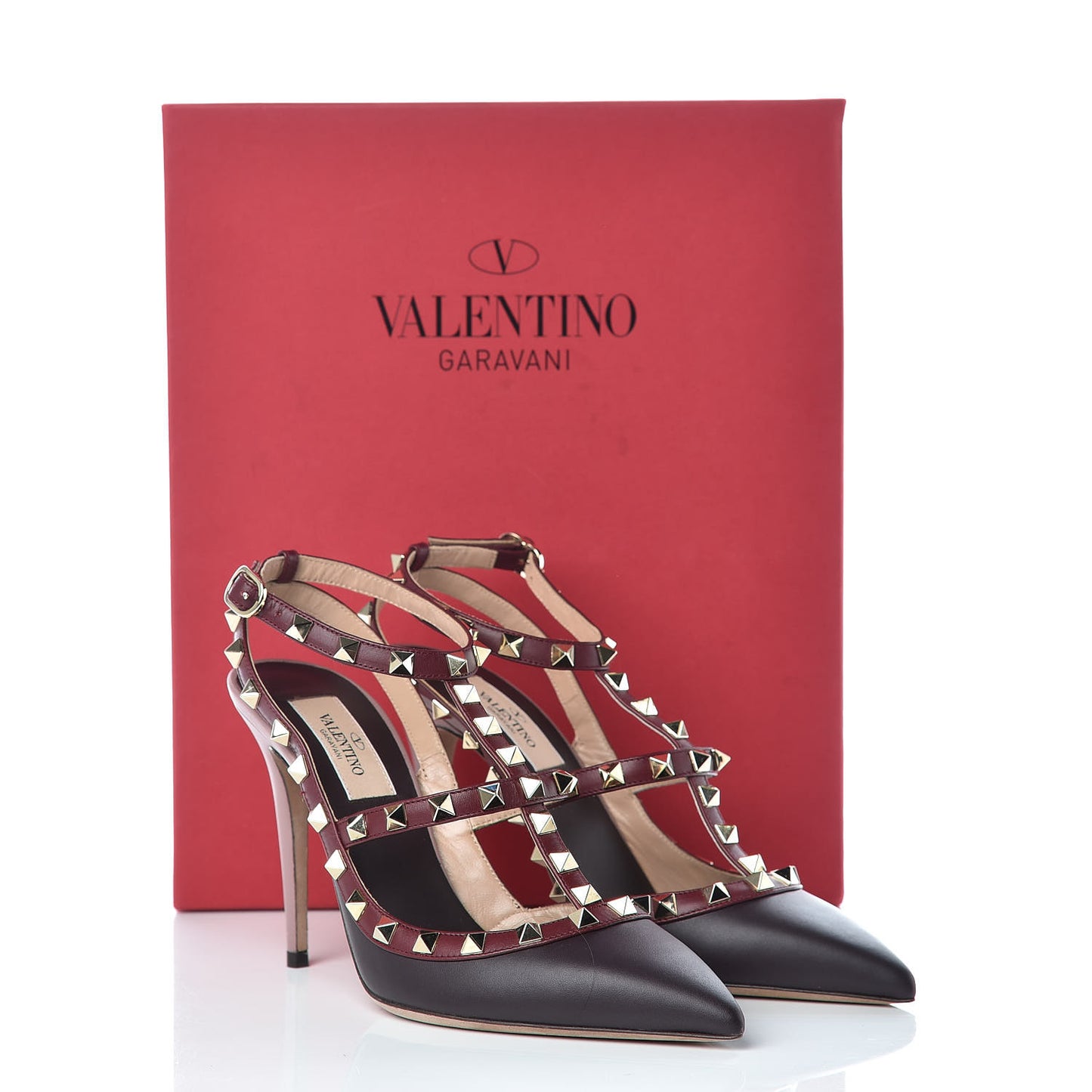 Calfskin Nappa Rockstud Ankle Strap 100mm Pumps 37.5 Griotte