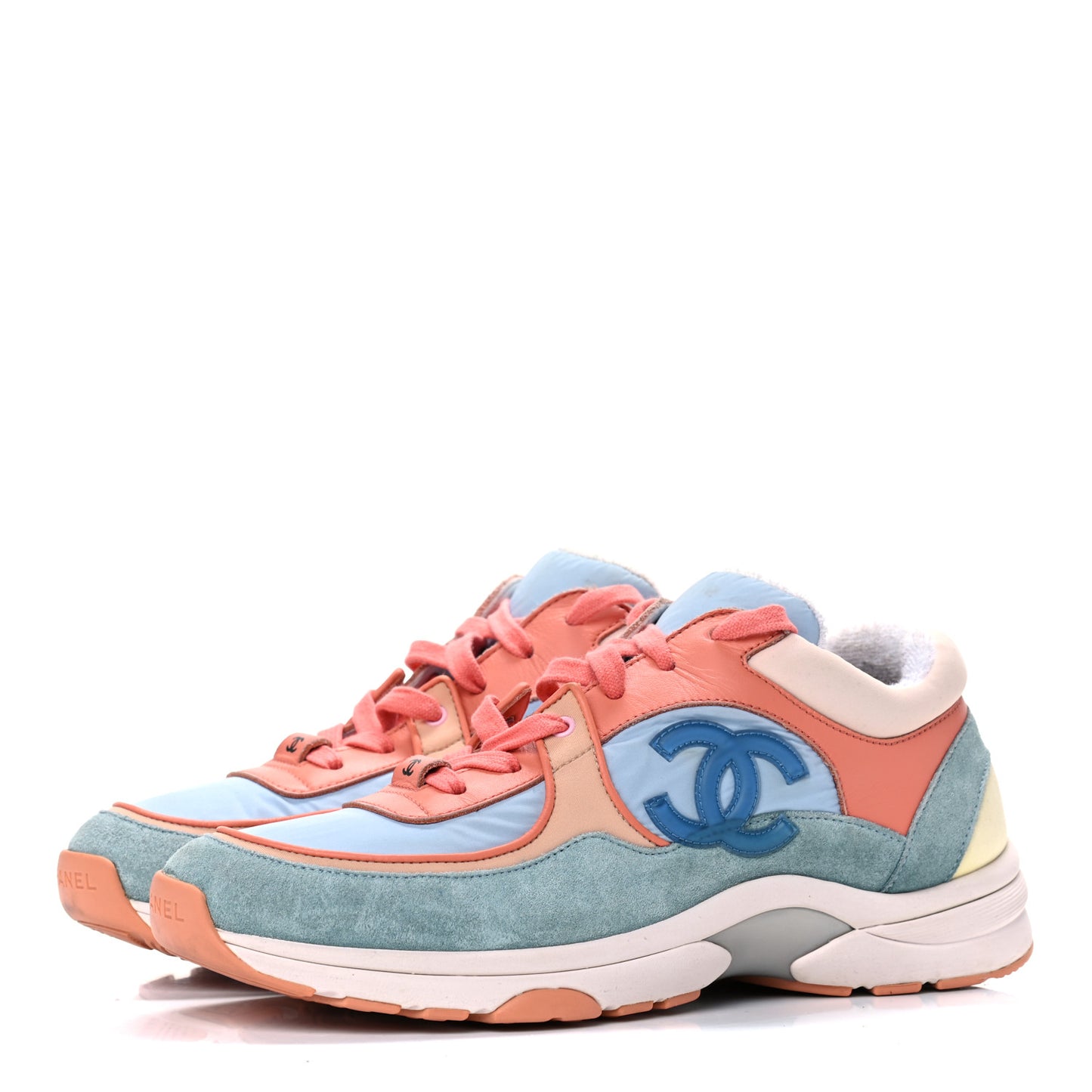 Nylon Lambskin Suede Calfskin CC Sneakers 38.5 Coral Light Blue White