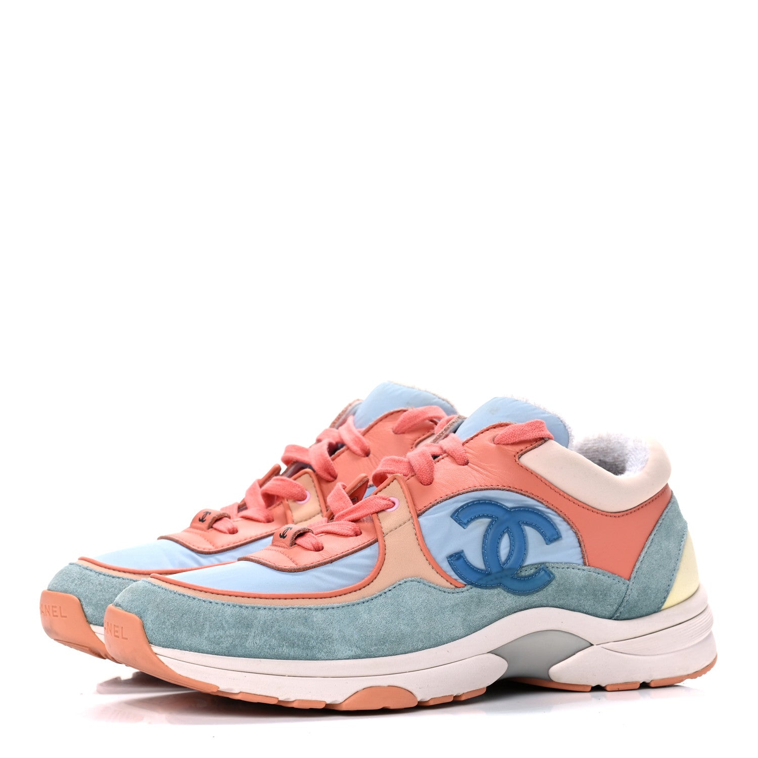 Chanel Nylon Lambskin Suede Calfskin CC Sneakers 38.5 Coral Light Blue White 3 of 18