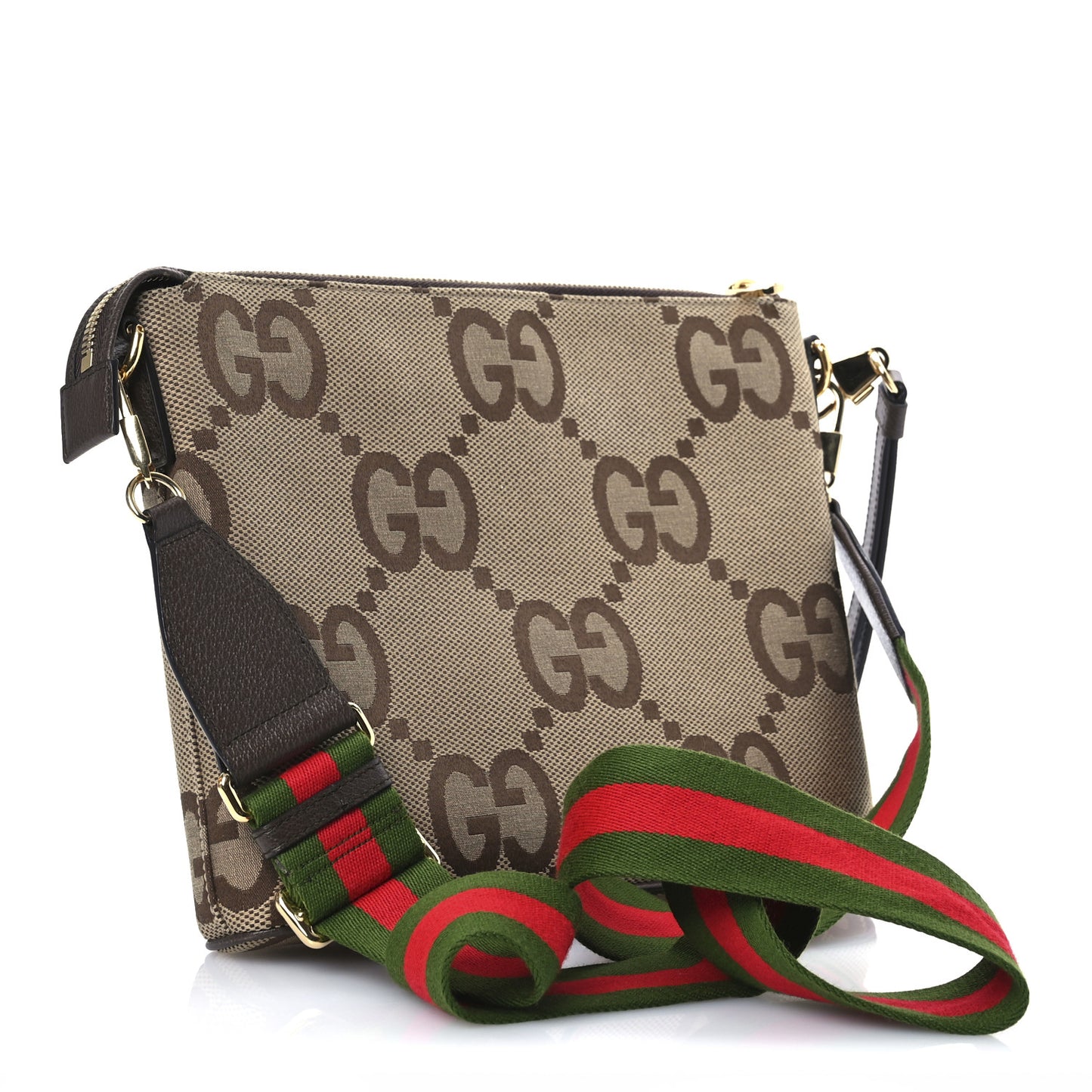 Monogram Jumbo GG Textured Dollar Calfskin Web Wristlet Messenger Bag Camel Ebony New Acero