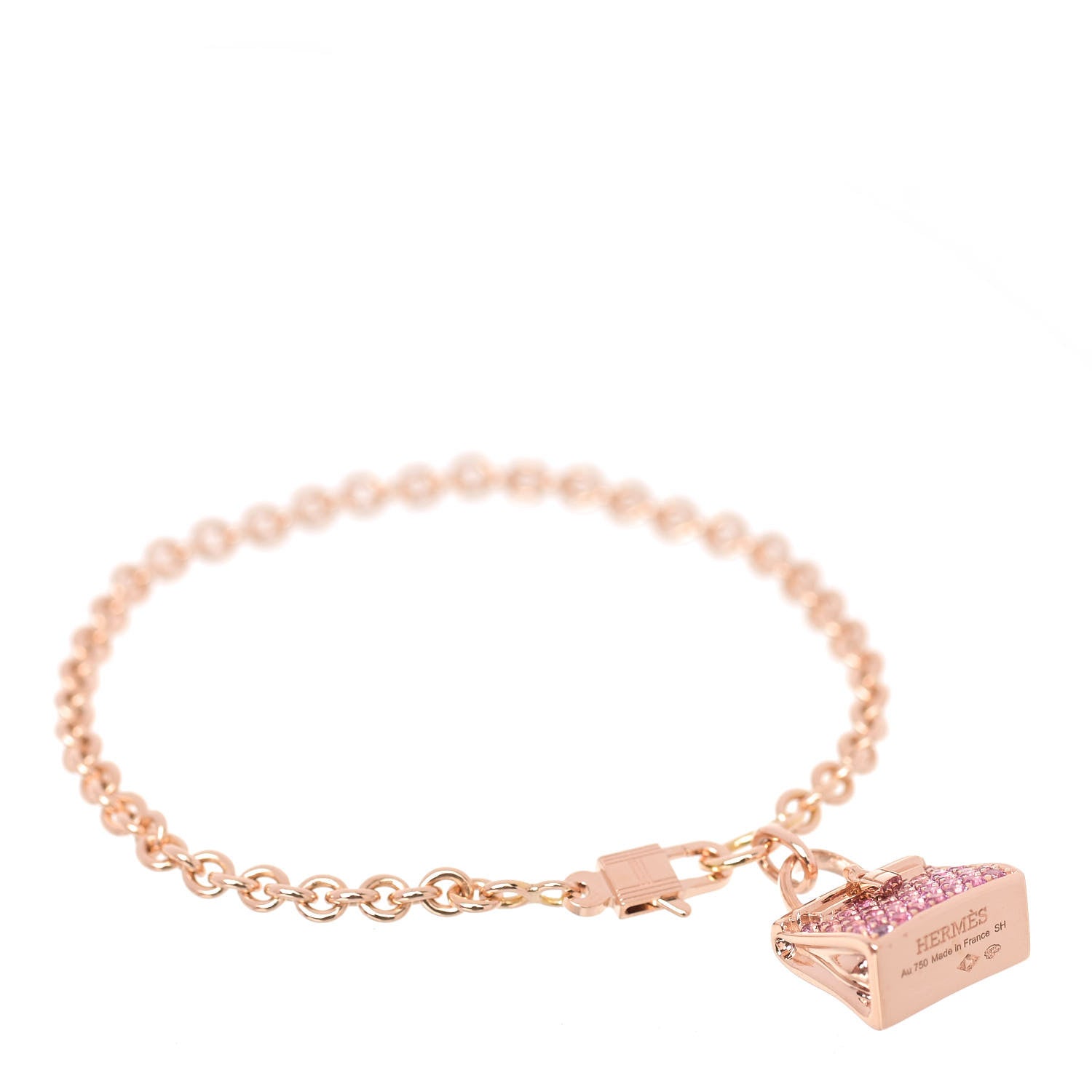 Hermes 18K Rose Gold Pink Sapphire Birkin Amulette Bracelet SH 1 of 5