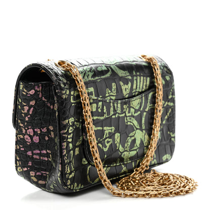 Chanel Calfskin Crocodile Embossed Graffiti 2.55 Mini Cocodile Reissue Flap Black Pink 3 of 11