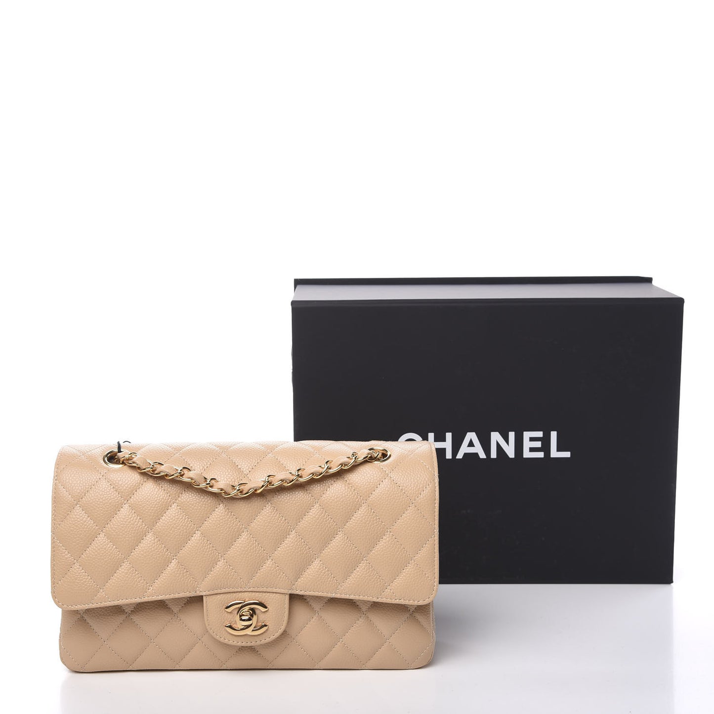 Caviar Quilted Medium Double Flap Light Beige