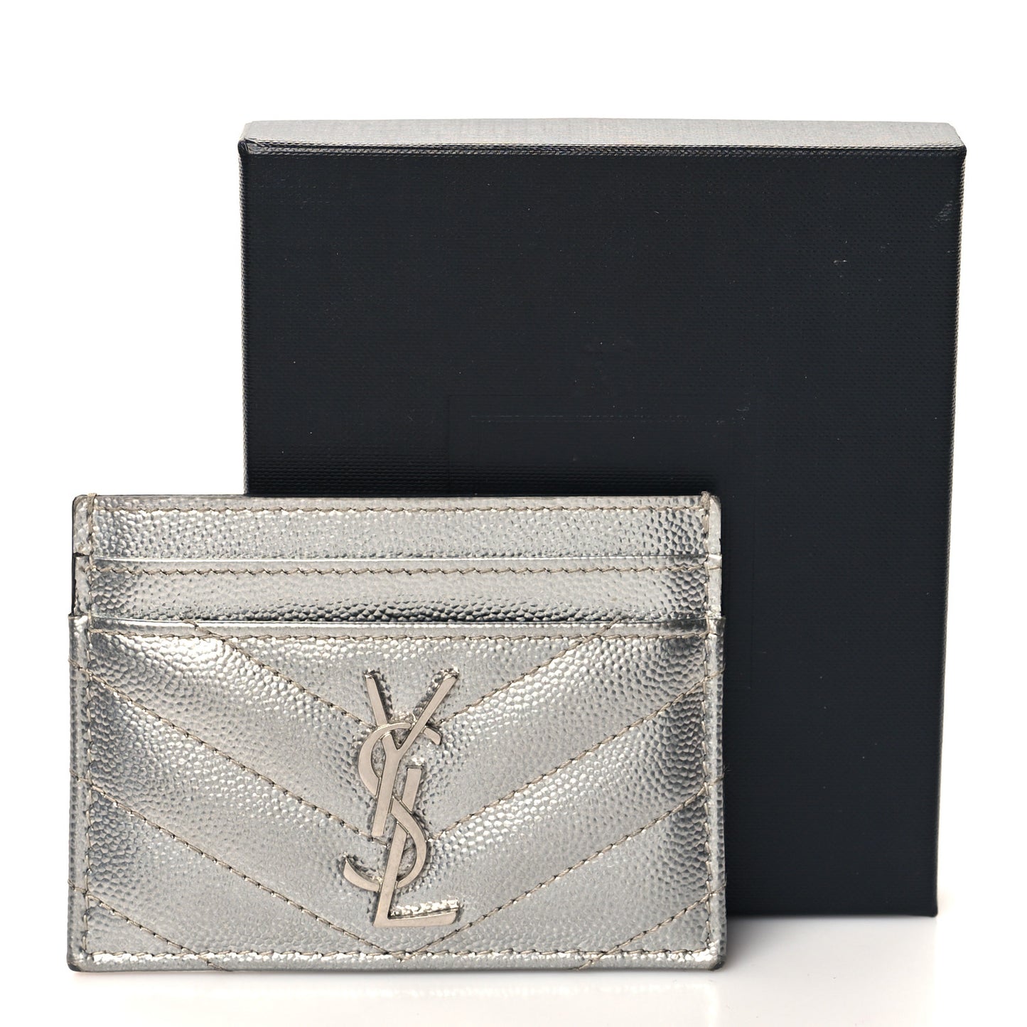 Metallic Grain De Poudre Matelasse Chevron Monogram Credit Card Case Argento