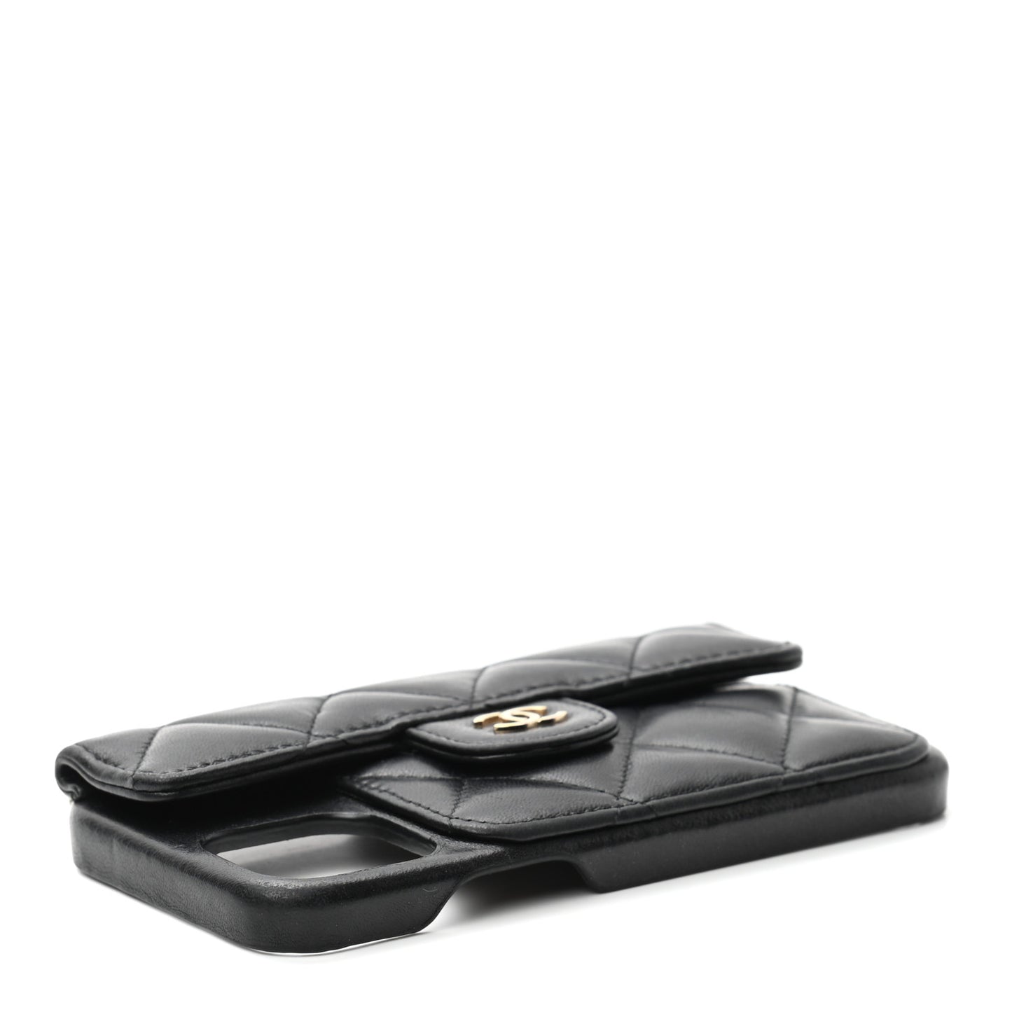 Lambskin Quilted Pearl Crush iPhone XII Pro Holder With Chain Black