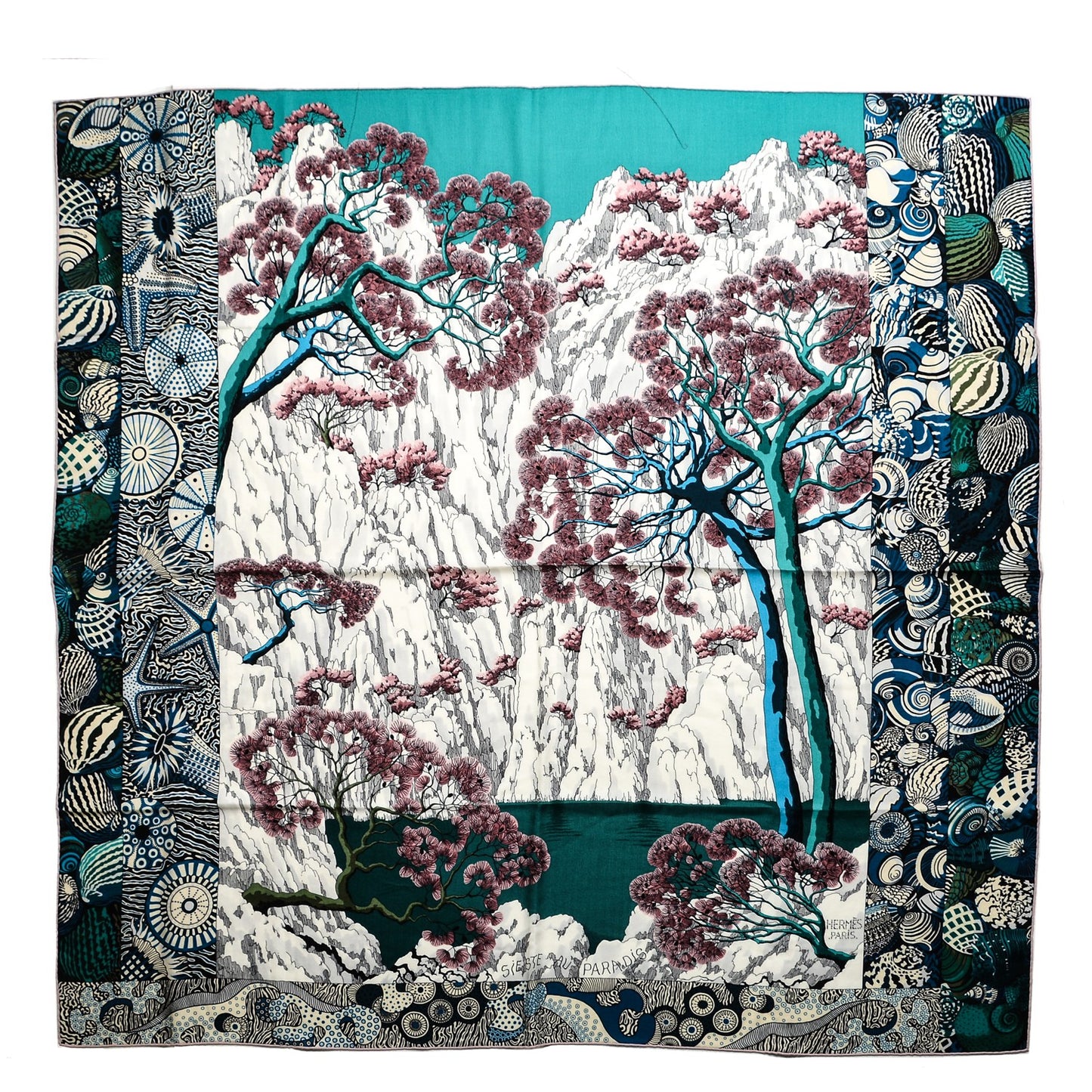 Cashmere Silk Sieste Au Paradis Shawl 140 Blanc Vert Rose