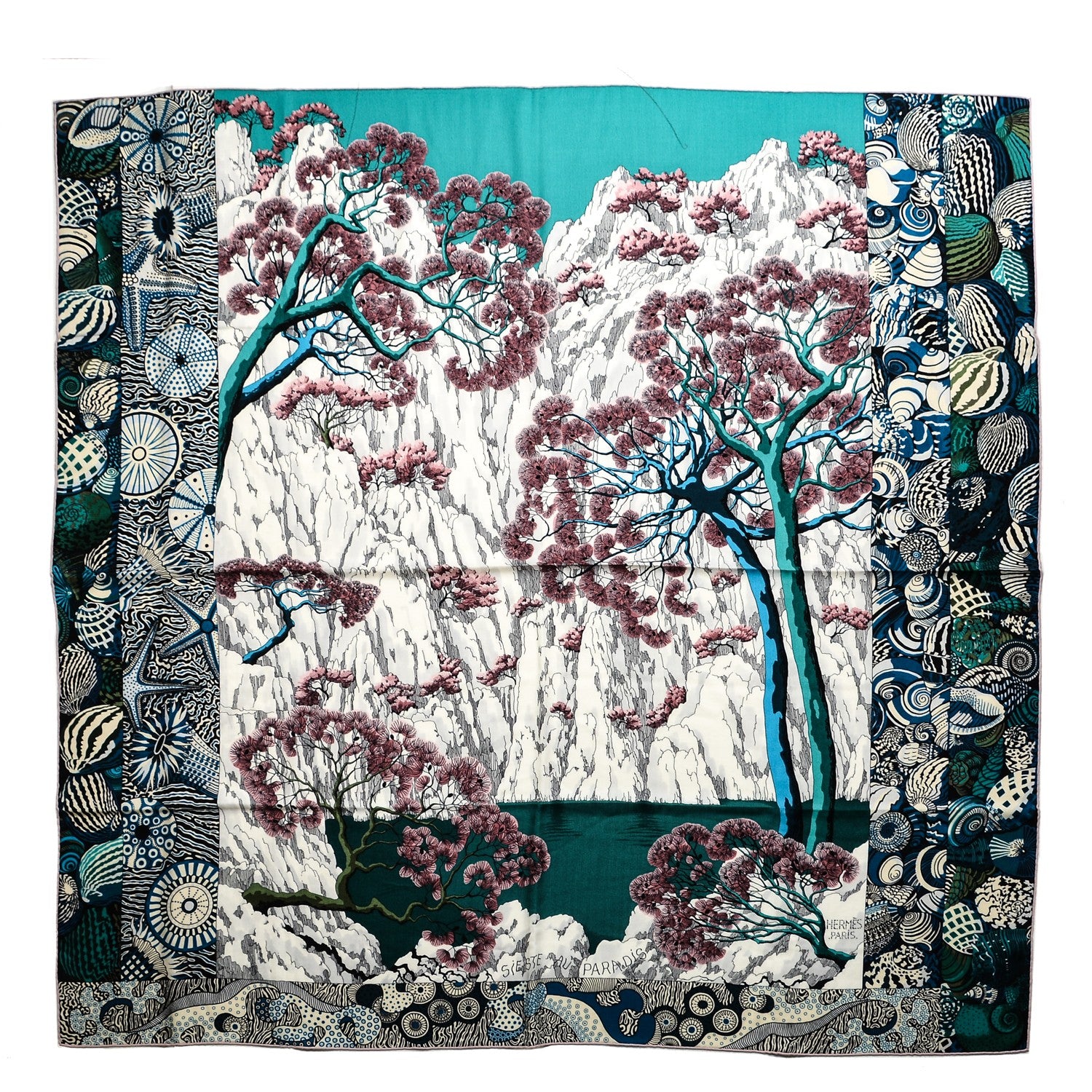 Hermes Cashmere Silk Sieste Au Paradis Shawl 140 Blanc Vert Rose 1 of 5