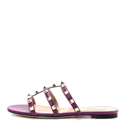 Valentino Garavani Calfskin Nappa Rockstud Caged Flat Slide Sandals 36 Prune 1 of 9
