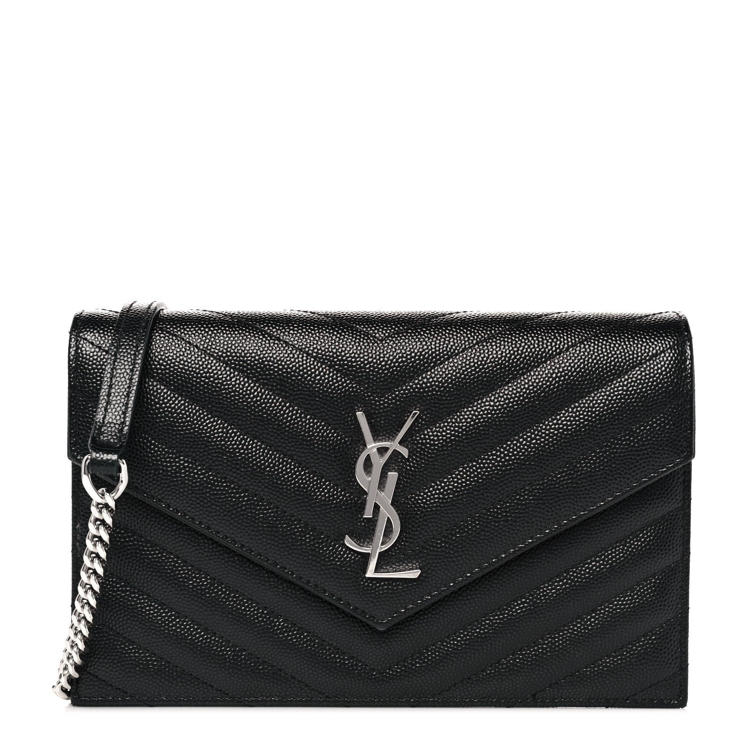 Saint Laurent Grain De Poudre Matelasse Chevron Monogram Envelope Chain Wallet Black 1 of 9