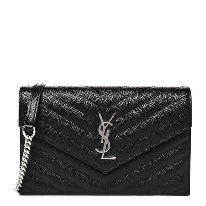 Saint Laurent Grain De Poudre Matelasse Chevron Monogram Envelope Chain Wallet Black 1 of 9