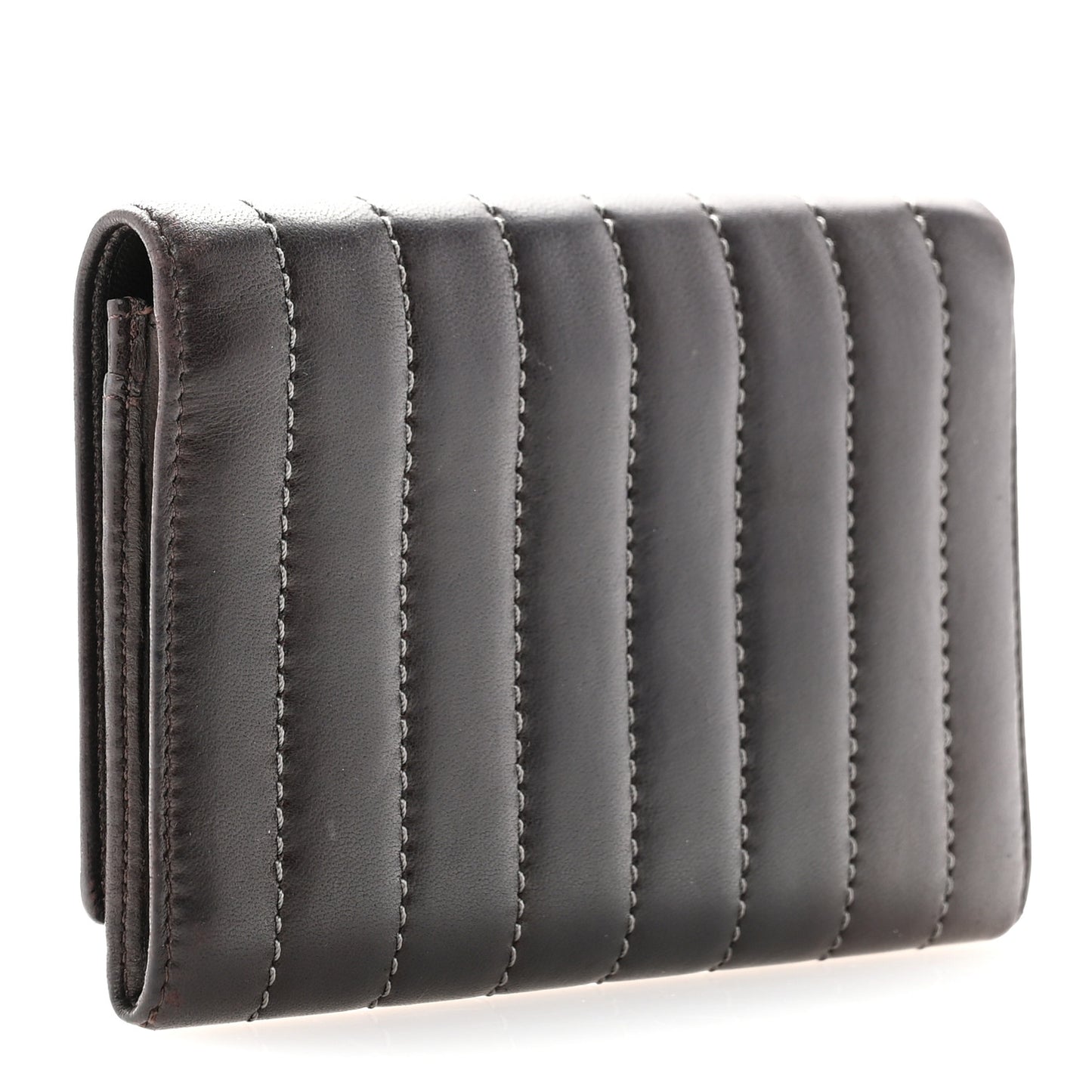 Lambskin Vertical Quilted Mademoiselle Compact Wallet Dark Brown