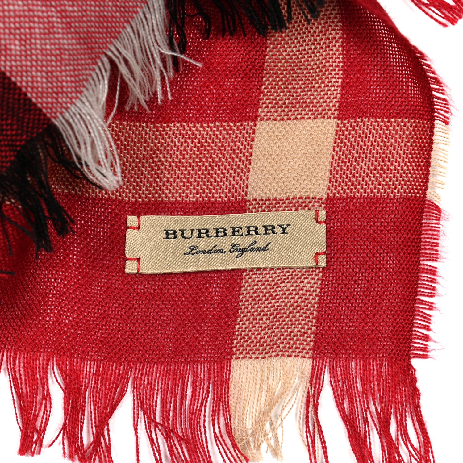 Burberry Wool Cashmere Check Fringe Scarf Red Black 3 of 3