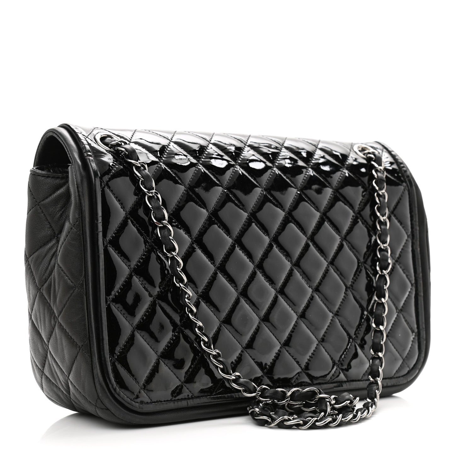 Patent Quilted Jumbo Classic Twist Flap Bag Black