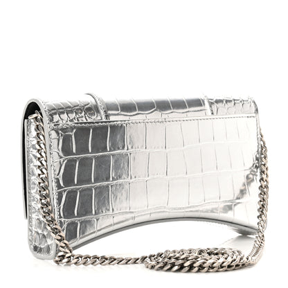 Balenciaga Metallic Calfskin Crocodile Embossed Hourglass Chain Bag Silver 2 of 8