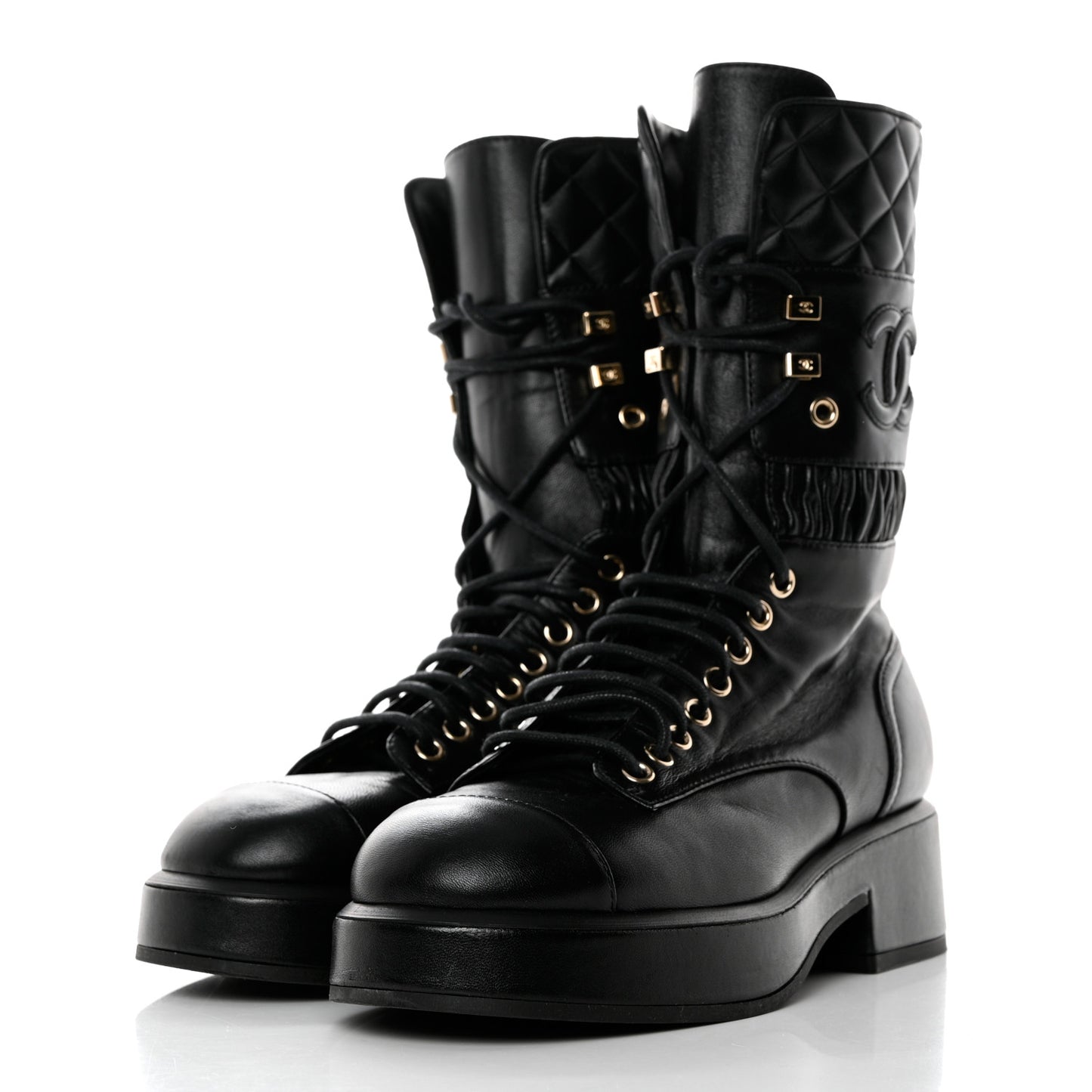 Lambskin Quilted Lace Up Combat Boots 36.5 Black