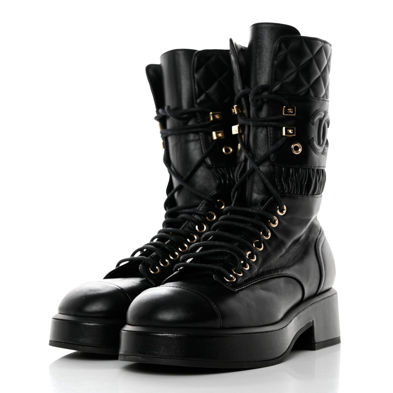 Chanel Lambskin Quilted Lace Up Combat Boots 36.5 Black 3 of 10