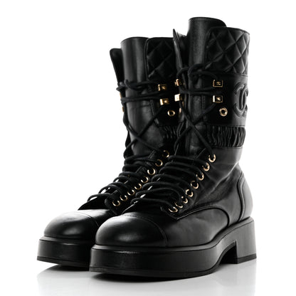 Chanel Lambskin Quilted Lace Up Combat Boots 36.5 Black 3 of 10