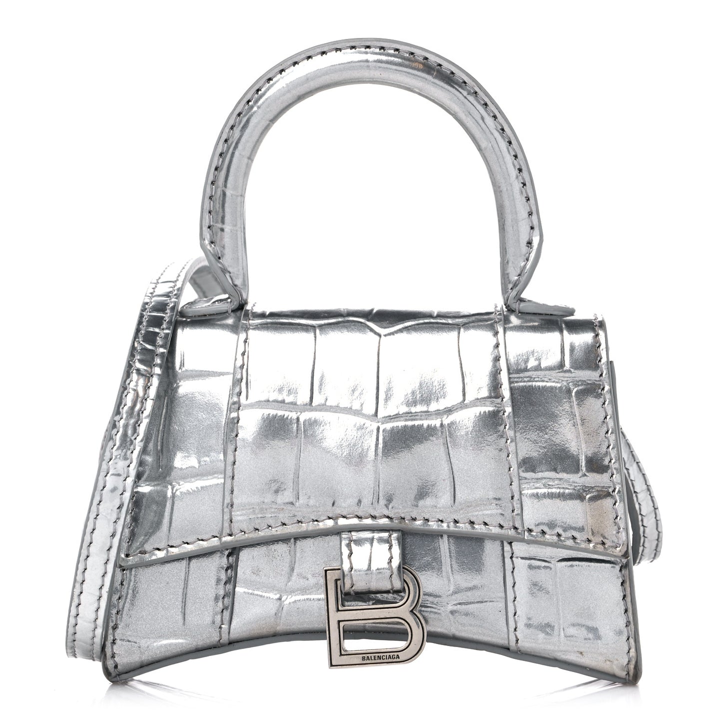 Metallic Calfskin Crocodile Embossed Hourglass Top Handle Bag Mini Silver