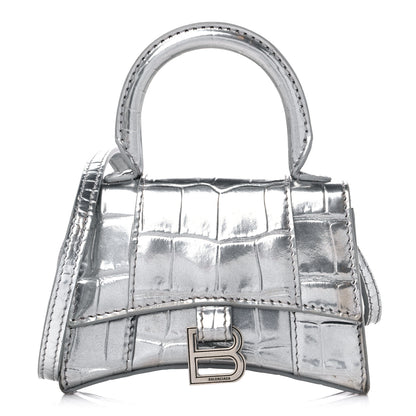 Balenciaga Metallic Calfskin Crocodile Embossed Hourglass Top Handle Bag Mini Silver 1 of 9