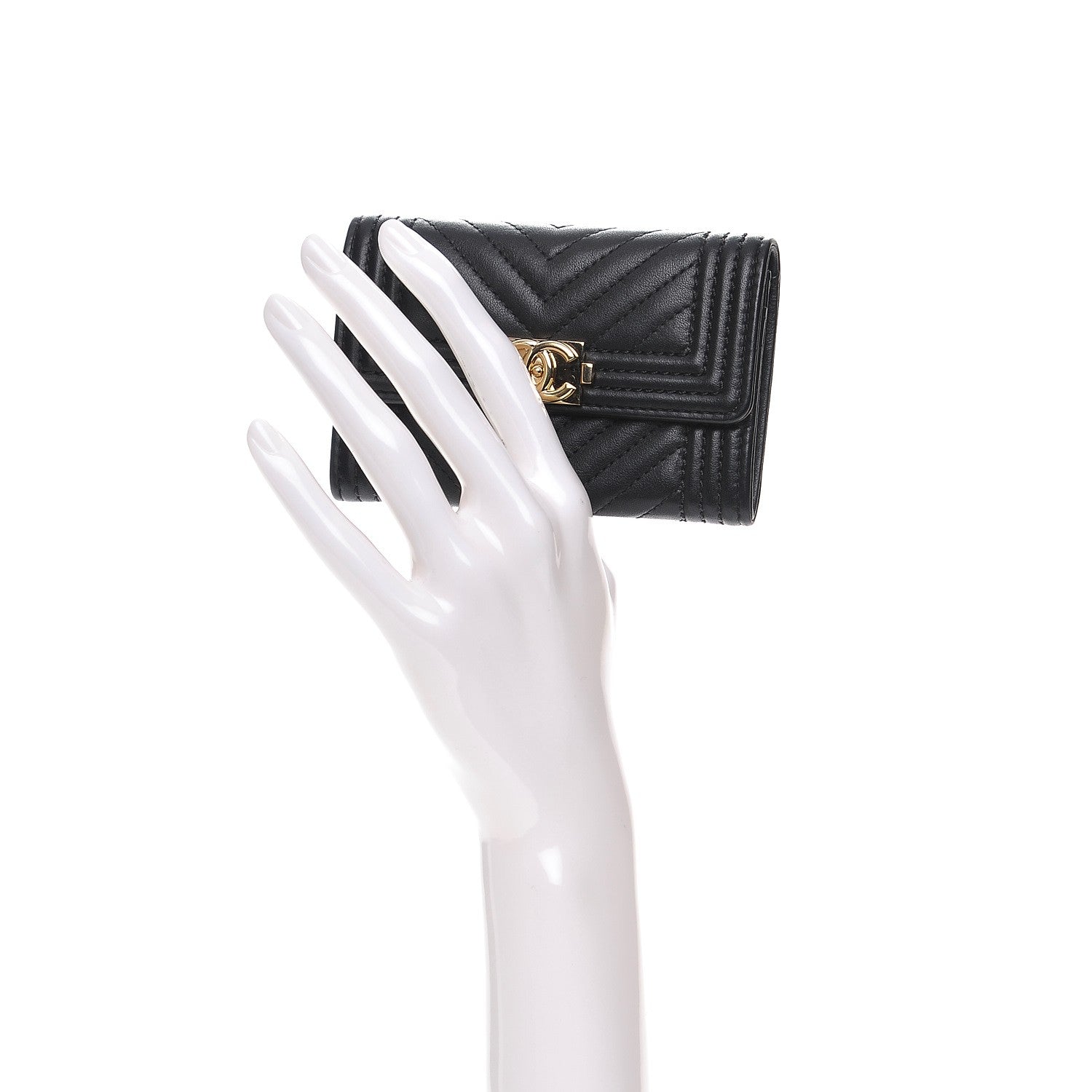 Chanel Calfskin Chevron Quilted Boy Card Holder Wallet Black 2 of 9