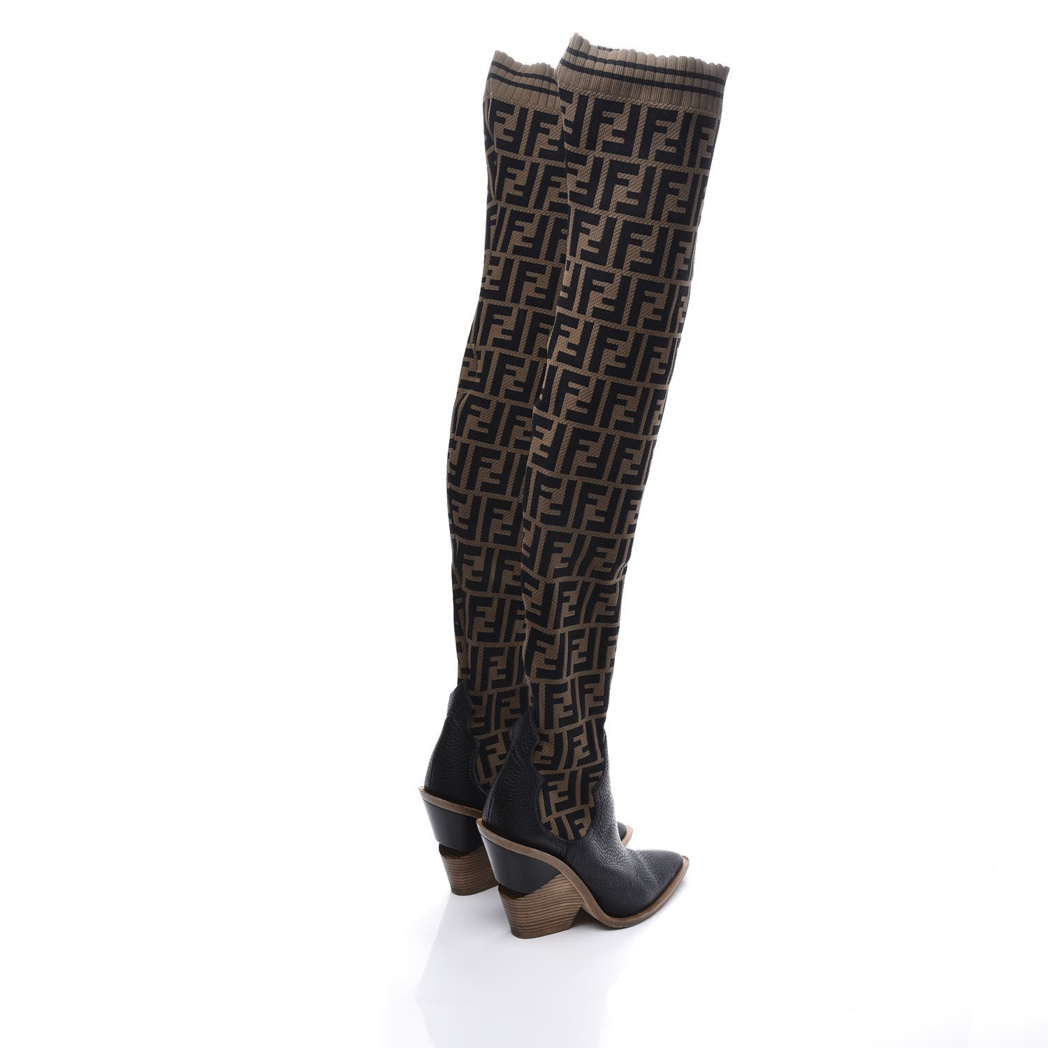 Fendi Stretch Fabric FF Cutwalk Thigh High Sock Boots 37 Tobacco Black 4 of 7