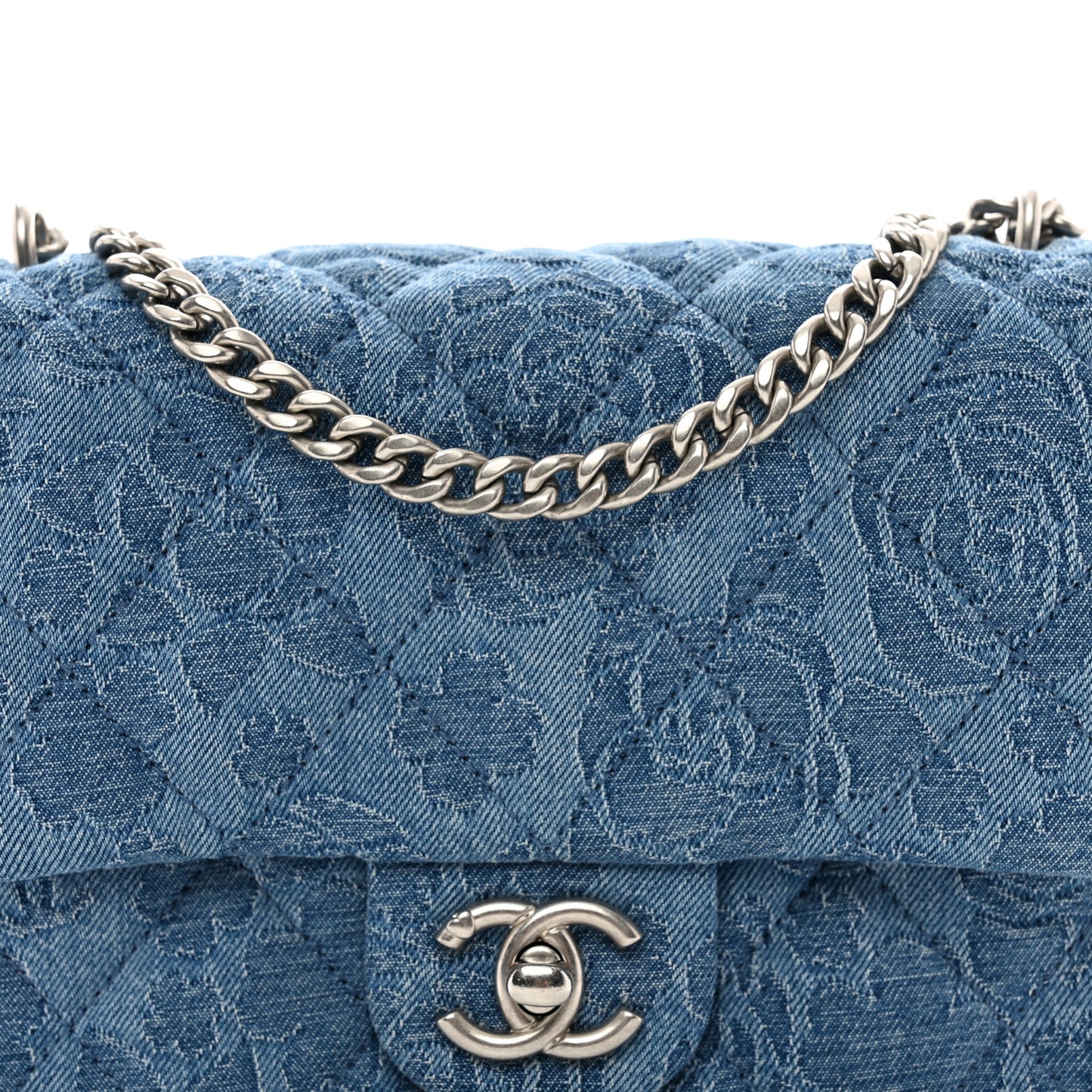 Denim Quilted Camellia Sweetheart Mini Flap Blue