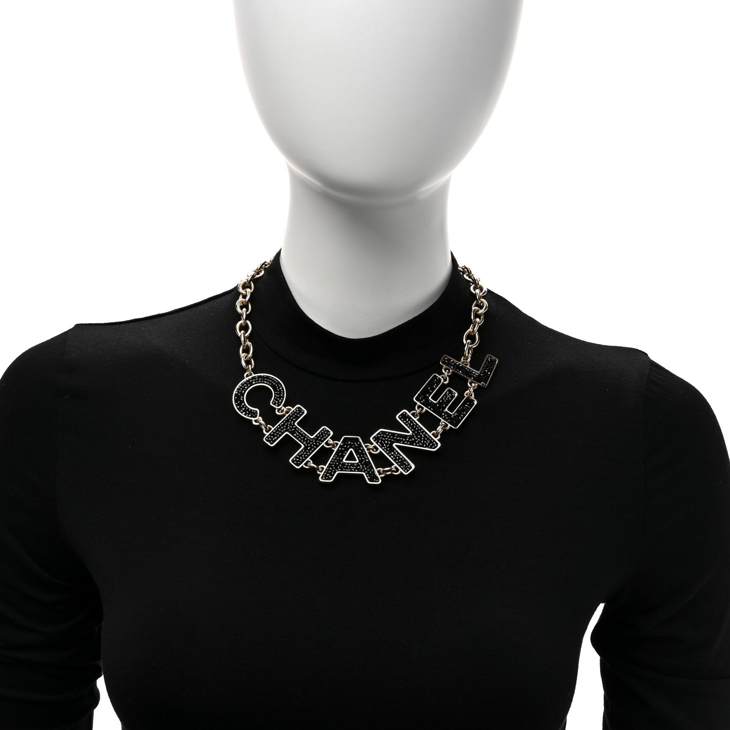 Chanel Crystal Cha-Nel Logo Chain Necklace Gold Black 2 of 5