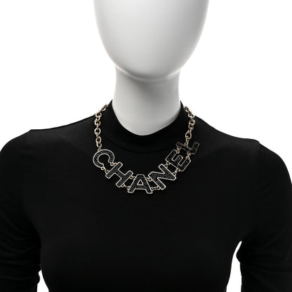 Chanel Crystal Cha-Nel Logo Chain Necklace Gold Black 2 of 5