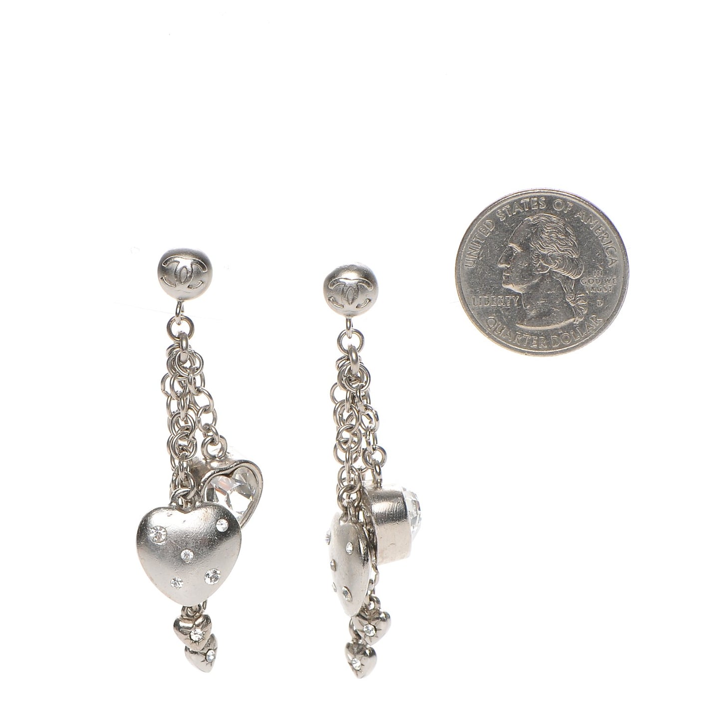 Crystal CC Hearts Dangle Earrings Silver