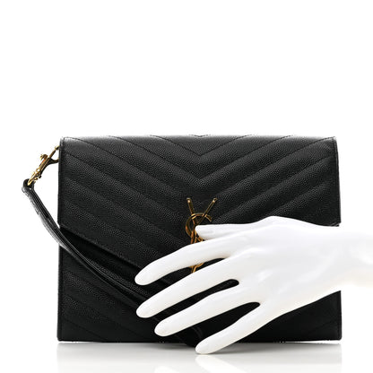 Saint Laurent Grain De Poudre Matelasse Chevron Monogram Envelope Clutch Black 2 of 8