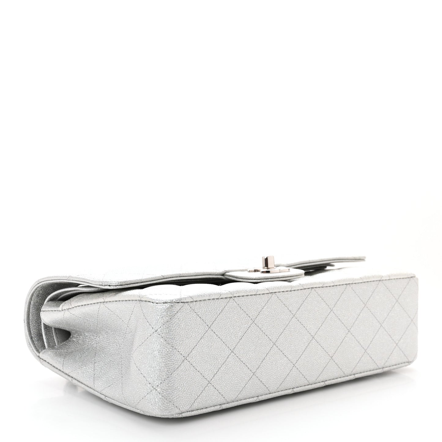 Glittered Metallic Caviar Quilted Medium Double Flap Silver