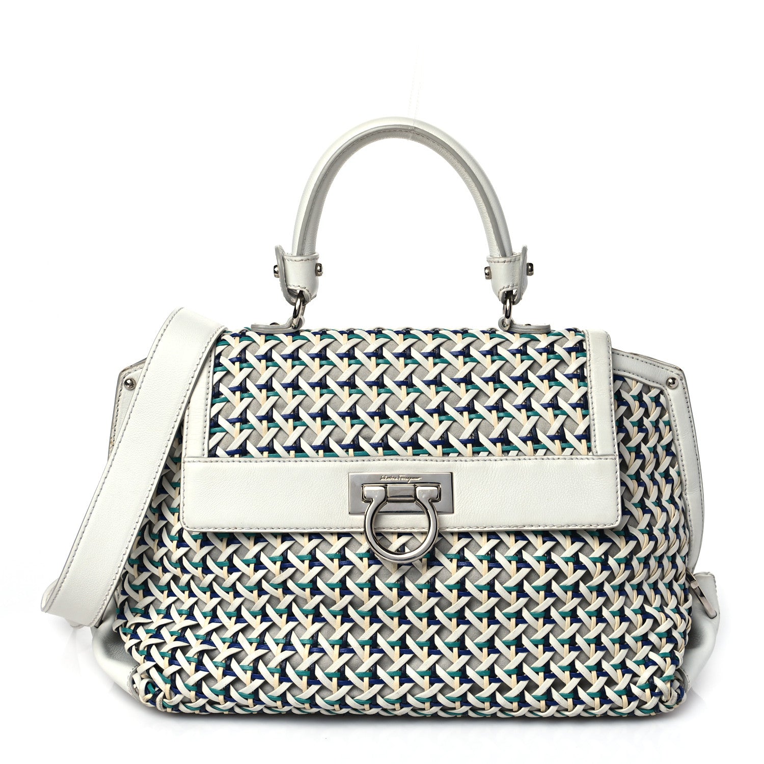 Salvatore Ferragamo Woven Nappa Sofia Satchel White Cream Teal Bright Blue 1 of 10