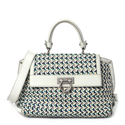 Salvatore Ferragamo Woven Nappa Sofia Satchel White Cream Teal Bright Blue 1 of 10