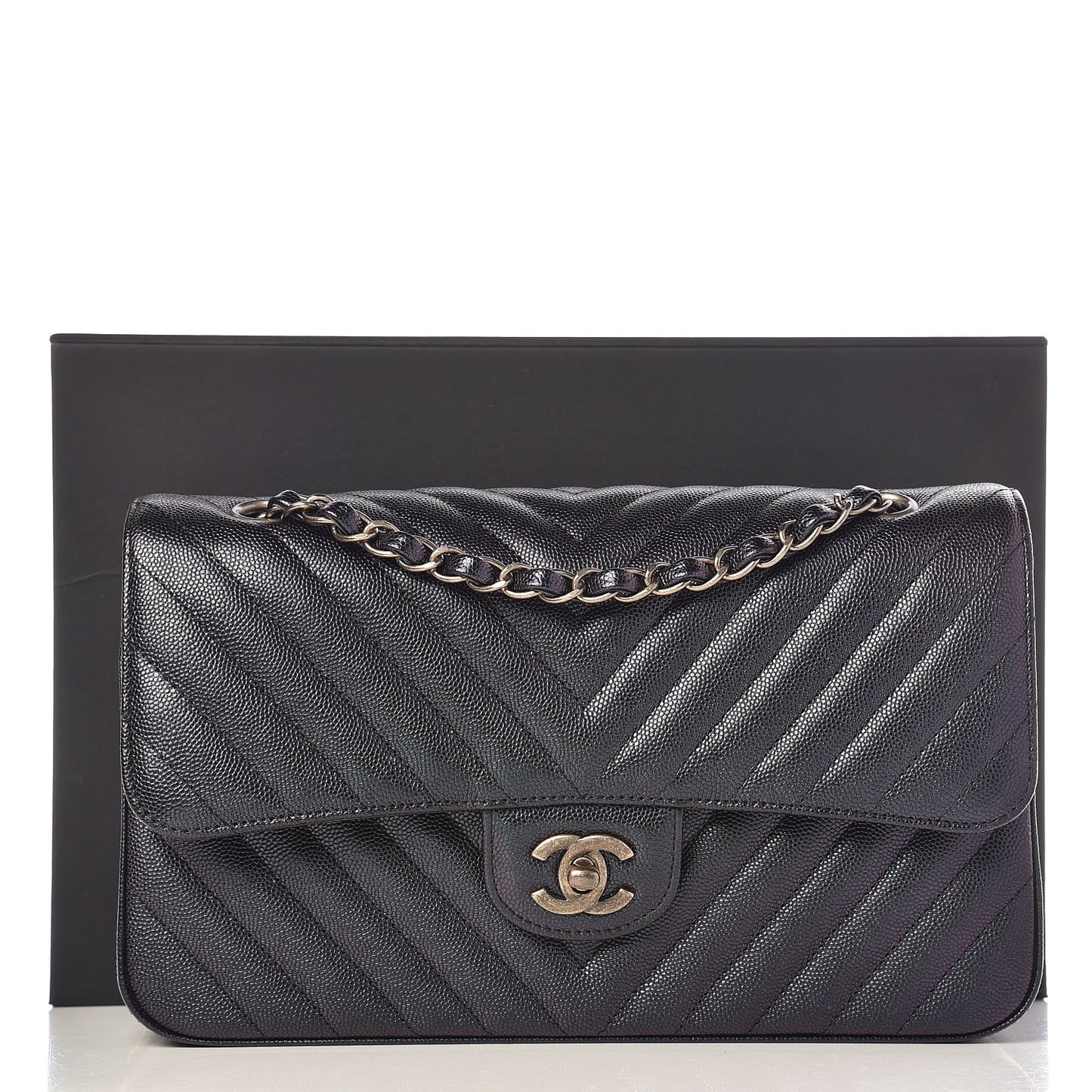Iridescent Caviar Chevron Quilted Medium Double Flap Black