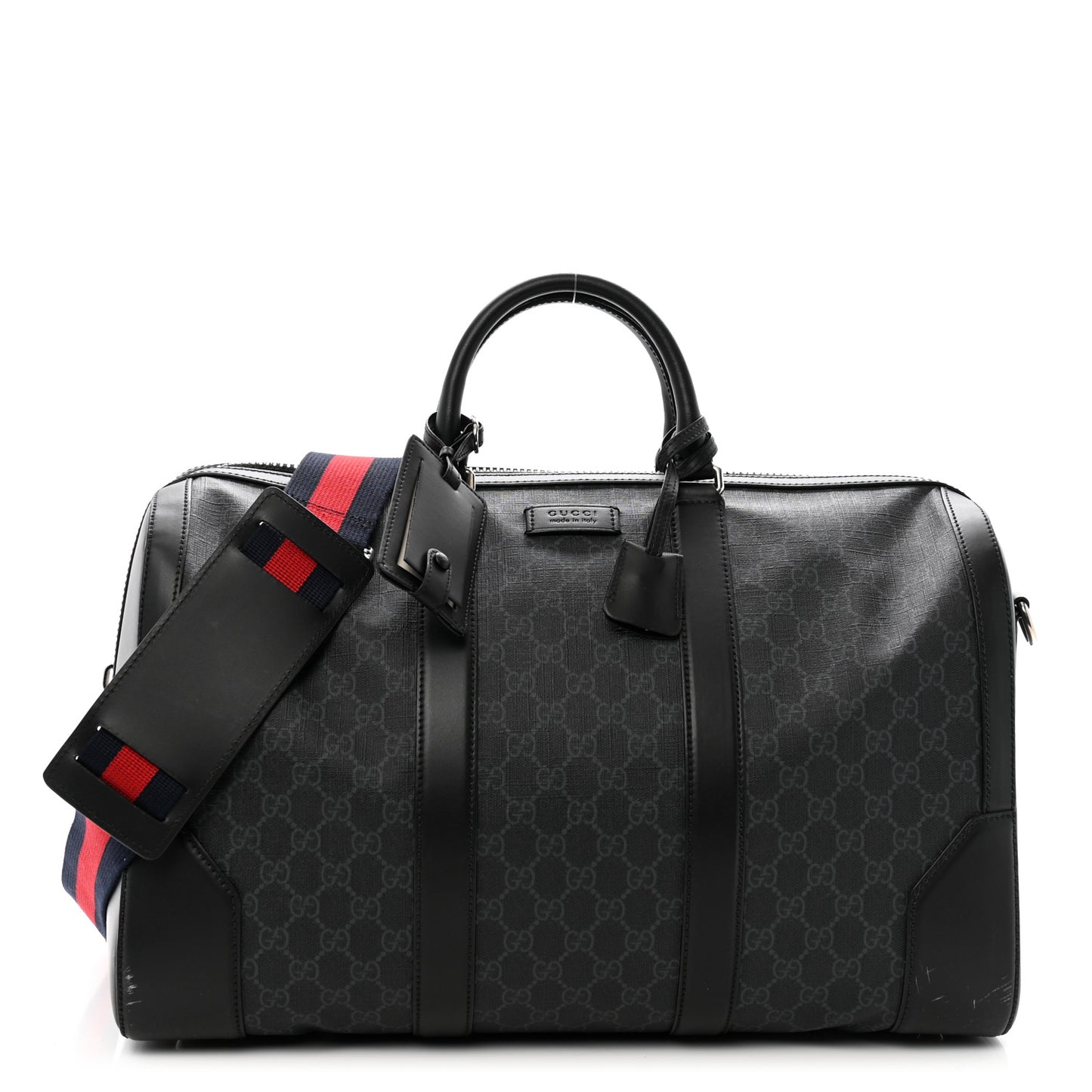 Soft GG Supreme Monogram Appia Calfskin Web Medium Carry On Duffle Bag Black Grey