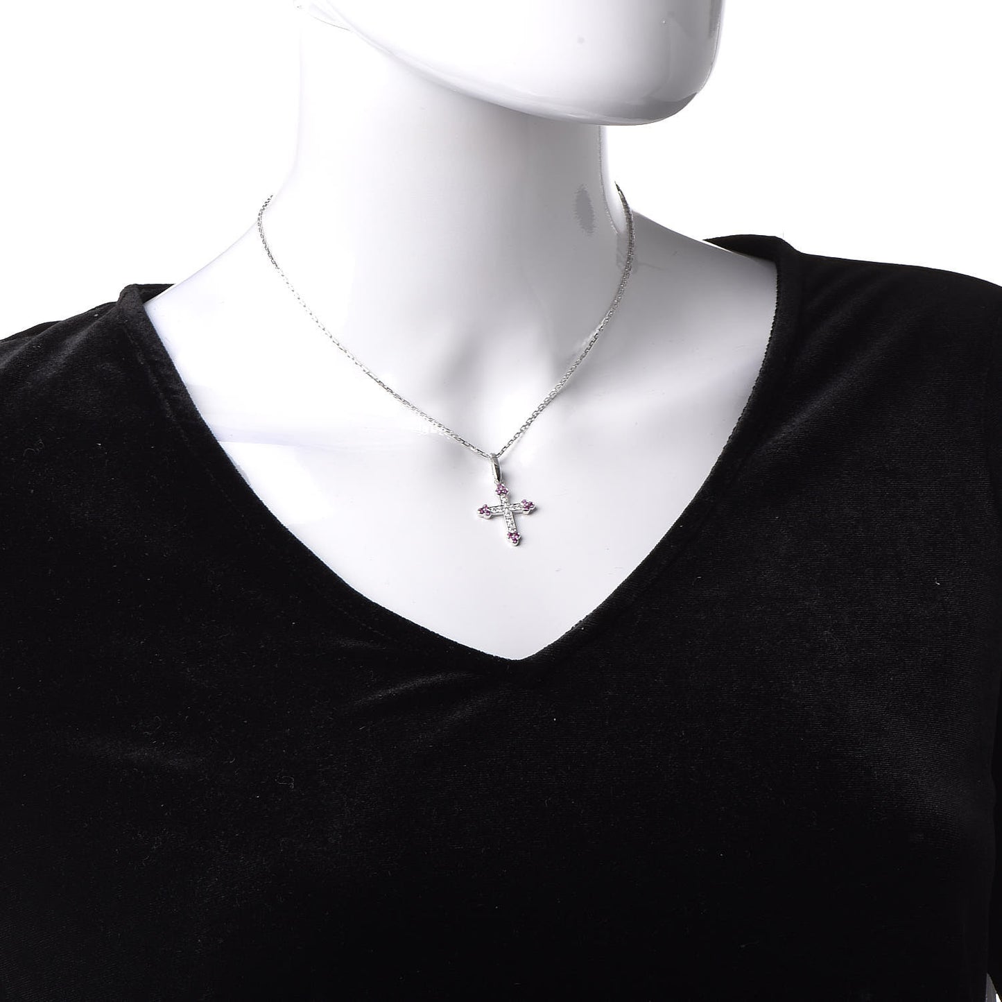 18K White Gold Diamond Pink Sapphire Cross Pendant Necklace