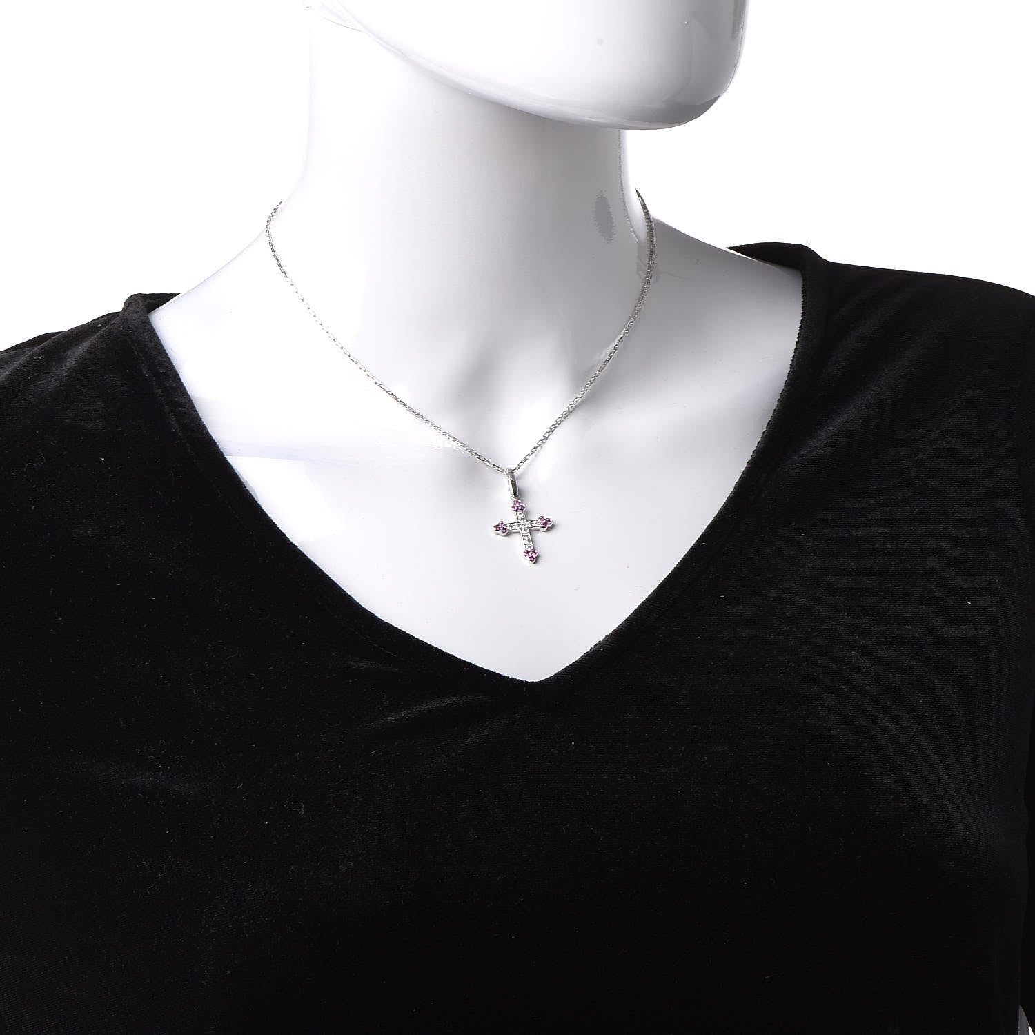 Cartier 18K White Gold Diamond Pink Sapphire Cross Pendant Necklace 2 of 6