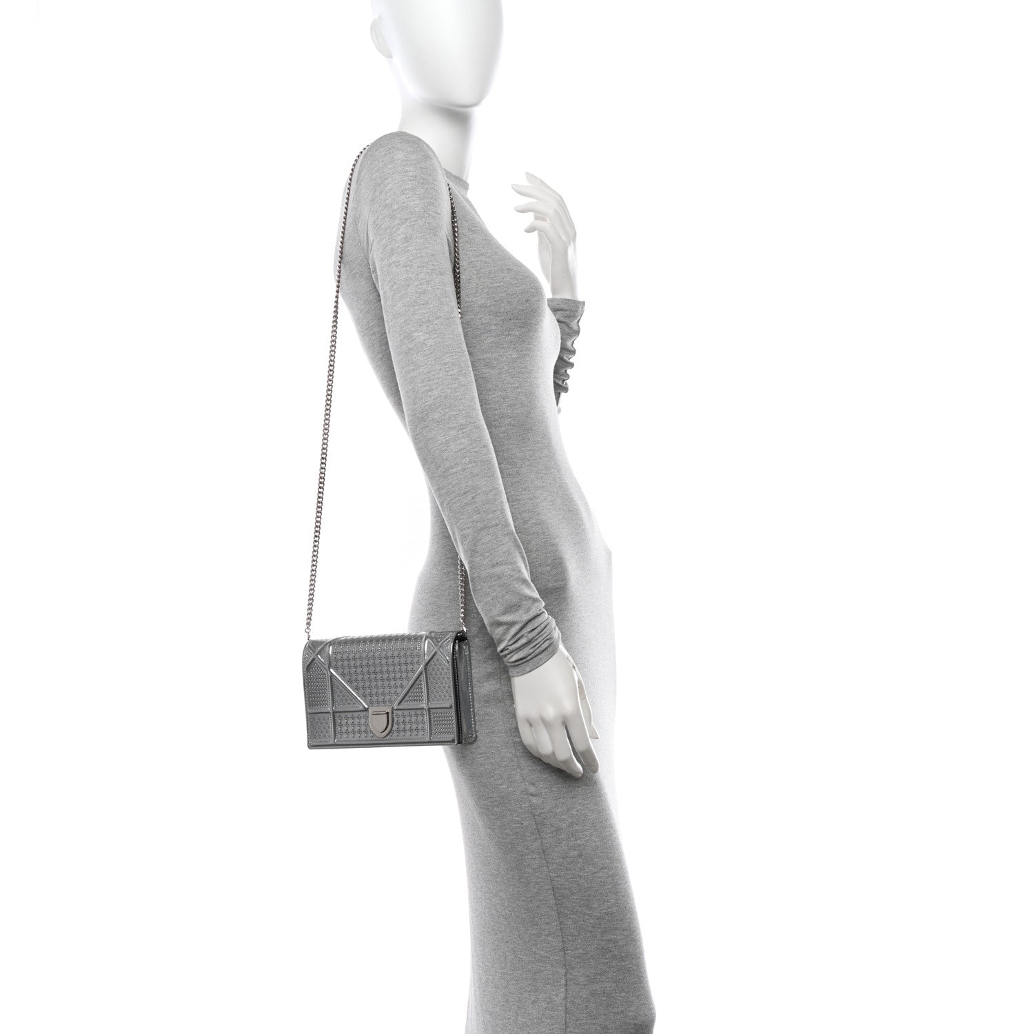 Christian Dior Metallic Patent Micro-Cannage Diorama Wallet on Chain Pouch Silver 2 of 11