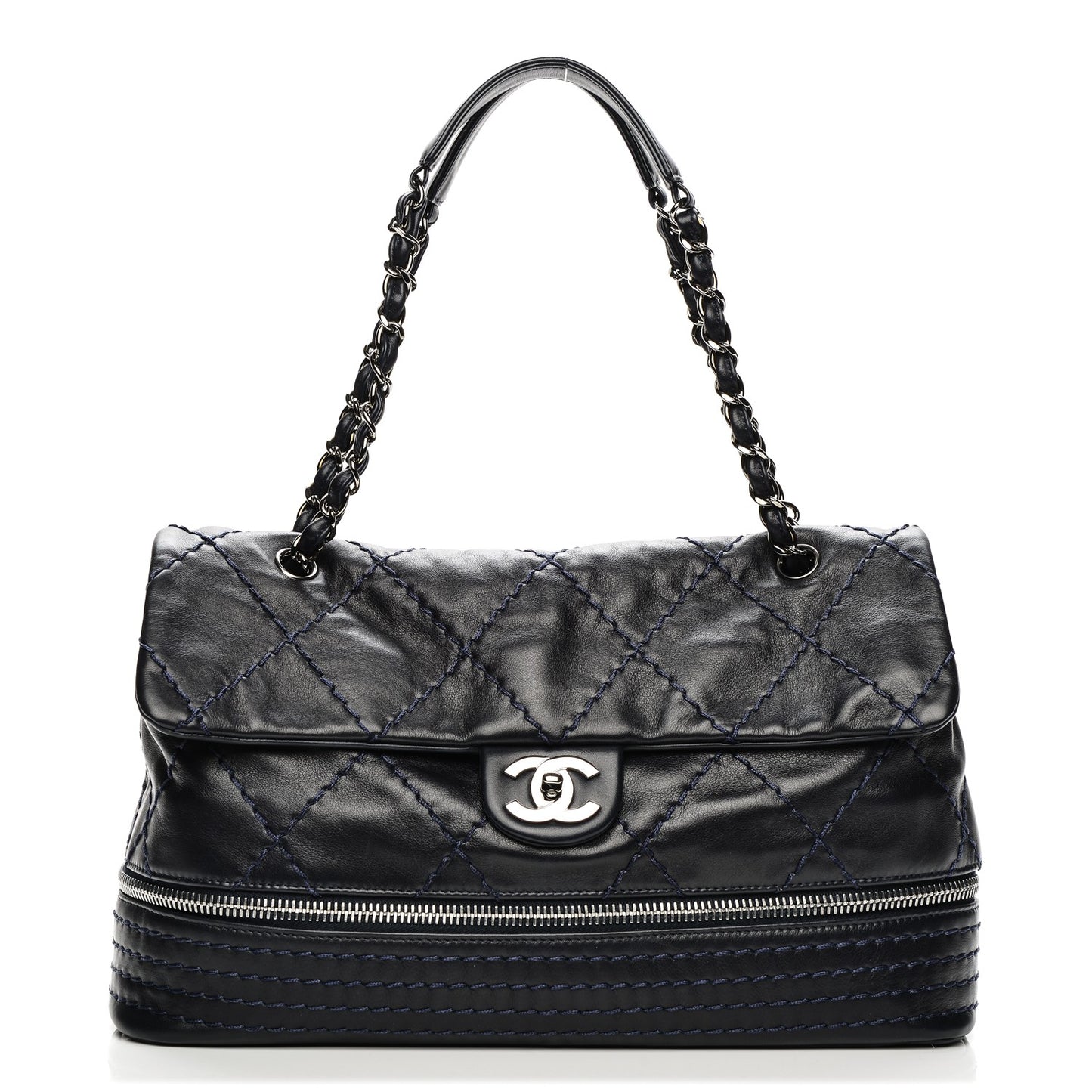 Calfskin Large Expandable Flap Bag Blue