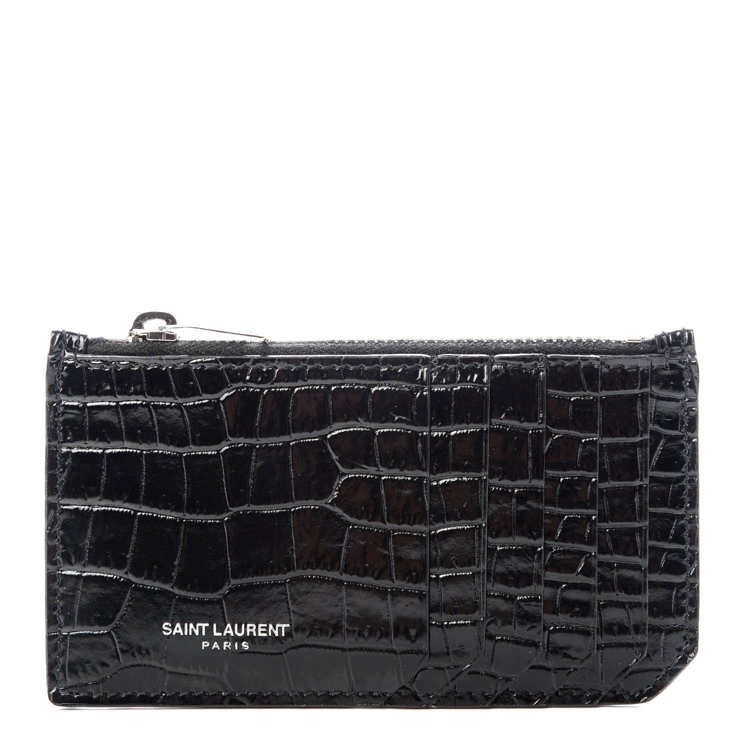 Saint Laurent Calfskin Crocodile Embossed 5 Fragments Zip Pouch Card Holder Black 1 of 8
